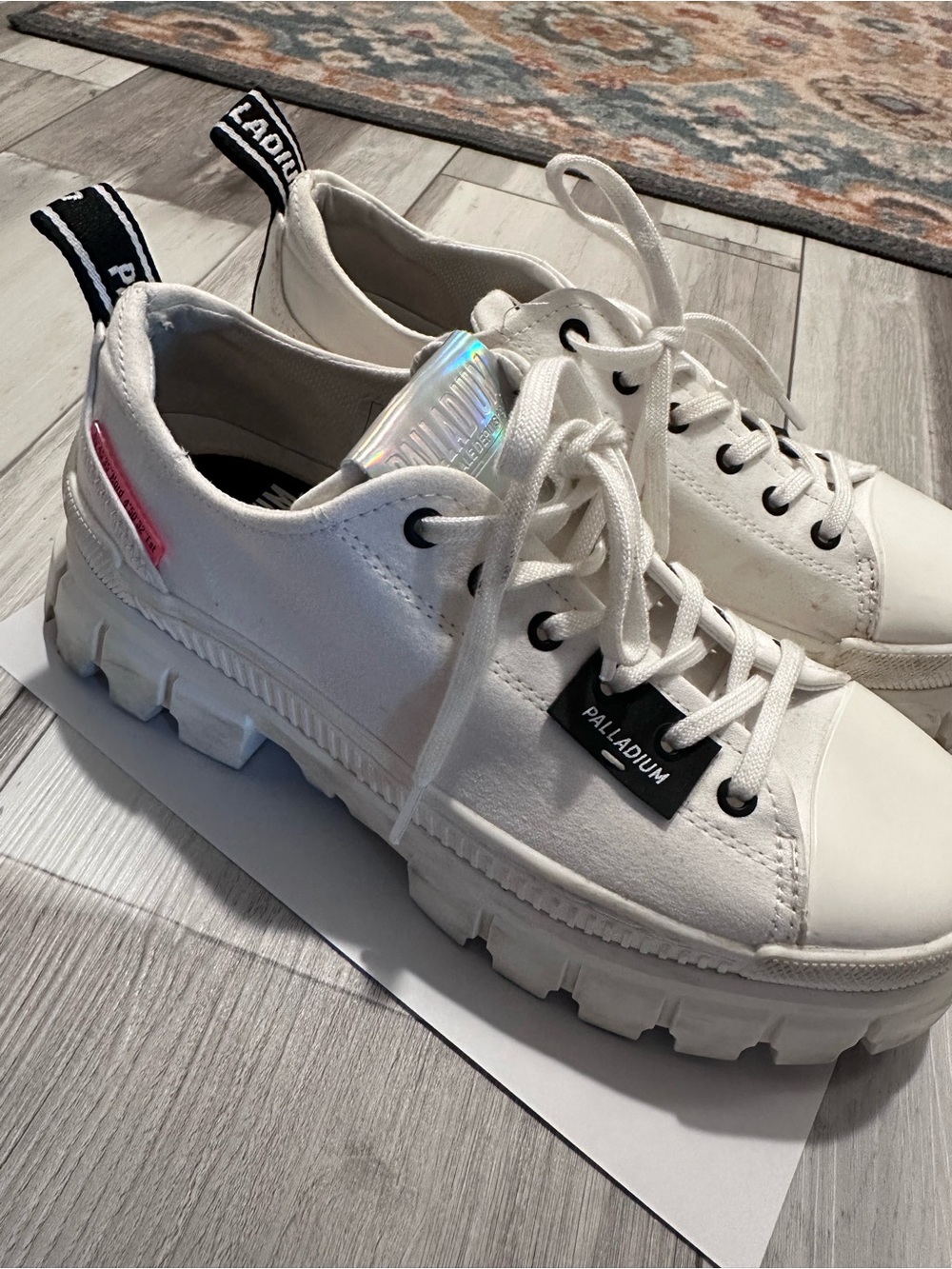 Palladium White Canvas Chunky Lace-Up Sneakers with Iridescent Tongue